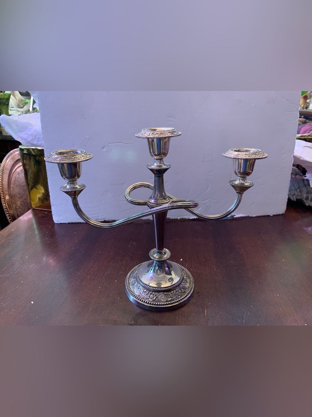 Vintage Ornate Silver-Plated 3-Arm Candelabra